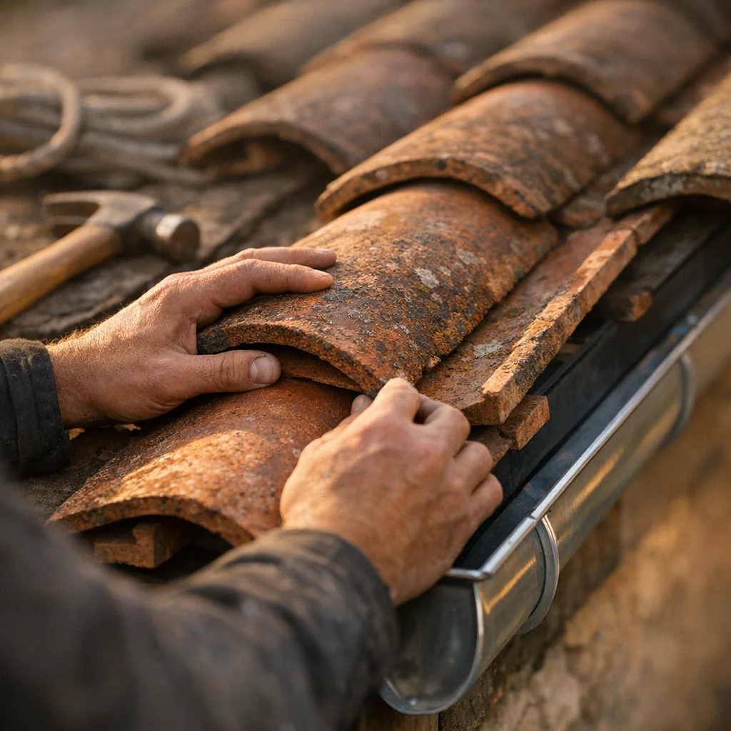 Artisan couvreur MR couverture au travail sur une toiture en Maine-et-Loire